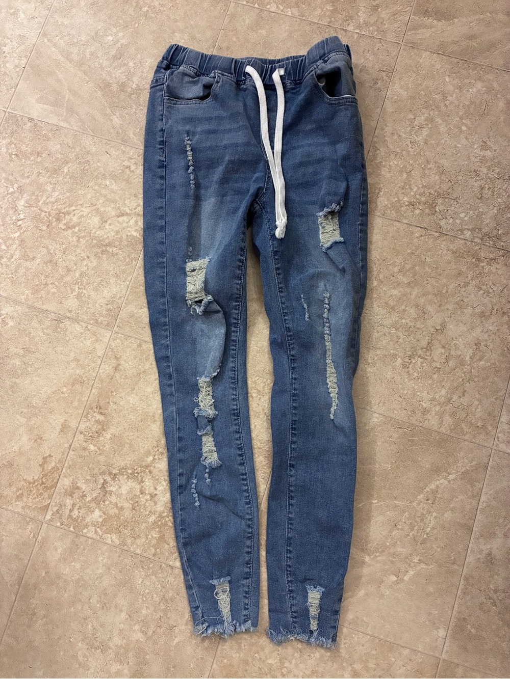 Women’s Drawstring Distressed Slim Fit Jeans - Blue